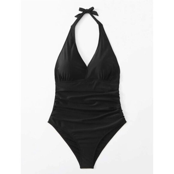 NWOT One Piece Swimsuit Plus Ruched Backless HalterTie Removable Cups 3XL Black - Picture 1 of 12